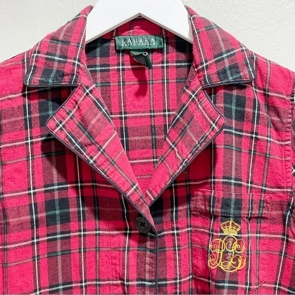 LAUREN RALPH LAUREN Women’s Red Blk Flannel Plaid Logo Button Up Night Shirt XS - Picture 2 of 9